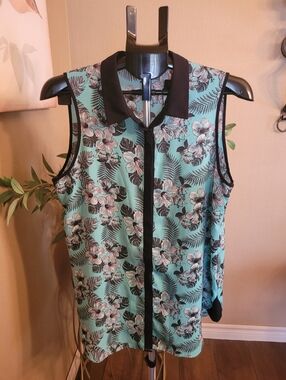 Mandy Evans Sleeveless Floral Button-Front Top in Aqua with Black Trim